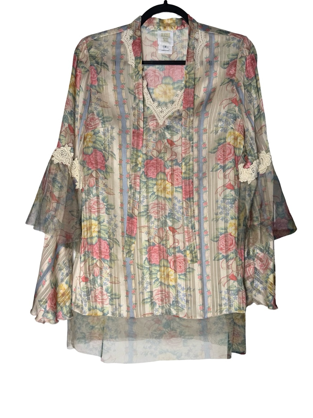 Anna Sui Sheer Floral Lace Bell Sleeve Boho Fairy Cottagecore tunic Blouse Sz 2